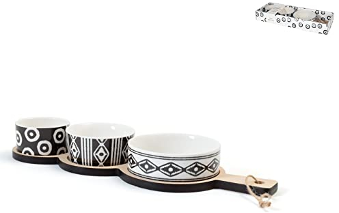 H&H Ethnic Set Antipastiera 3 Coppe, Porcellana, Base Bambù