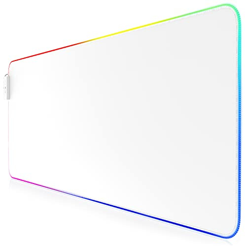TITANWOLF - RGB Tapis de Souris Gaming XXL - LED Lumineuse Multicolore 11 Modes - 800 x 300mm Surface antidérapante pour Les Joueurs de l’Ordinateur PC et du Mac - White mousemat blanc
