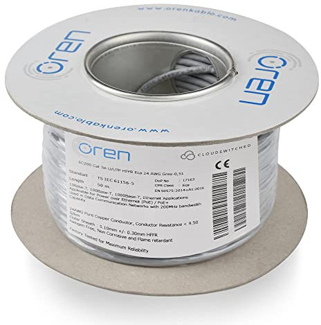 Oren CAT5e 50m Ethernet Cable - 24 AWG Pure Copper Wire - 200 MHz Bandwidth UTP Internet LAN Network Cable - Halogen Free, Non-Corrosive, Flame Retardant - Gigabit High Speed Ethernet Cable