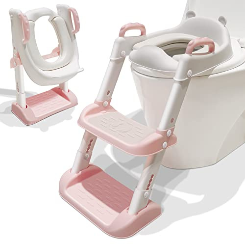 Potty Training Toilet Seat Toddler, Kids Potty Training Seats for Baby Boys Girls with Ladder Soft Cushion Handle and Anti Splash Foldable Toilet Training Seats and Step for Bathroom Pink and White
