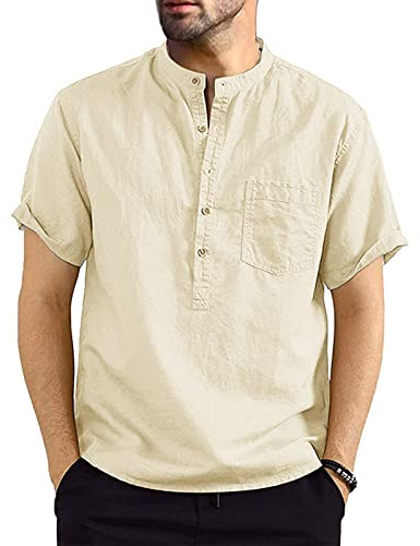 Niwicee Camisa Casual de Hombre Manga Corta Henley Shirt Camisetas de Playa Informales Cuello en V de Botones Top Verano Blusa de Slim Fit Recta de Color Sólido con Bolsillo(Khaki,M)