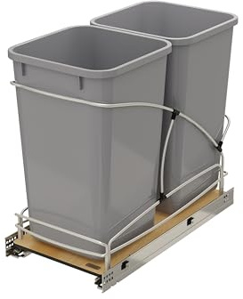 Rev-A-Shelf Steel Bottom Mount Double 27 Quart 6.75 Gallon Waste Bin Trash Container for Under Kitchen Cabinet with Soft Close, Gray, 54WC-1527SC-17-1