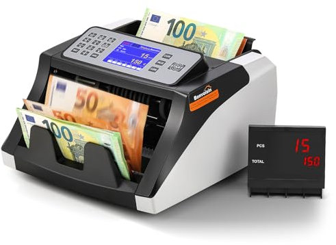 Bonvoisin Geldzählmaschine, Banknotenzähler Geldzähler, Wertzählung für Sortierte Banknoten mit UV/MG/IR/DD Falschgeld-Erkennung, ADD/Batch Modus, 1000 Stück/Min (Mischbeträge nicht Zählbar)