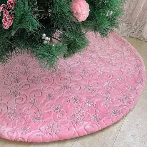 DecroXmas Gonne per Albero di Natale 90 cm, Peluche Rosa con Motivo a Fiocchi di neve Argento, base per Albero di Natale in Pelliccia Sintetica Spessa, per Decorazioni Natalizie