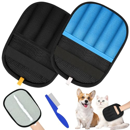 Hysagtek 2PCS Pet Hair Remover Glove - Double-Sided Static Grooming Glove for Dogs Cats,Reusable Washable Fur Removal Tool for Furniture Sofa Car Seat Clothes,Breathable Mesh Gentle Grooming Accessory