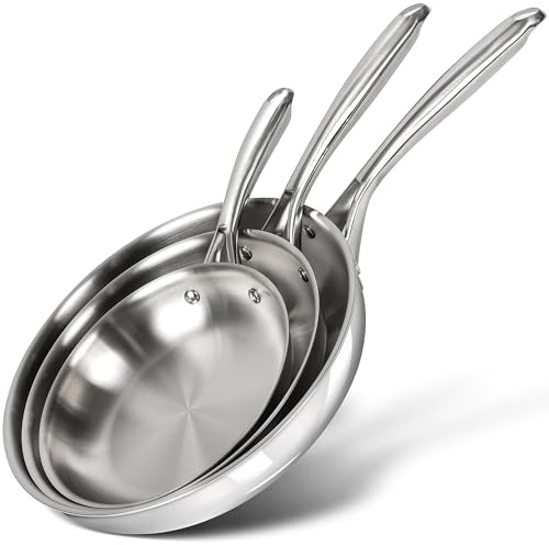 MICHELANGELO Tri-Ply Stainless Steel Frying Pan Set, 8 9.5 11 Skillets, Full Clad Stainless Steel Pans for Even Heating, Durable Cooking Pan Set for Home Chefs & Everyday Cooking