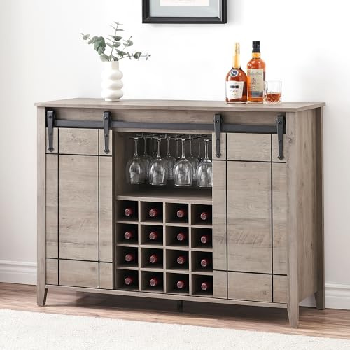 Garvee 47 in Wine Bar Cabinet Modern Liquor Whiskey Coffee Station with 16 Wine Rack and Glass Holder, Farmhouse Buffet Sideboard with Sliding Barn Door Storage for Living Dining Room, Light Ivory