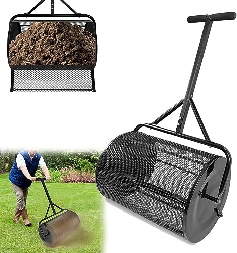 Épandeur de compost de 80 L pour jardin, rénovation de pelouse, composteur en métal, avec panier en maille, outil d'entretien de pelouse multifonction