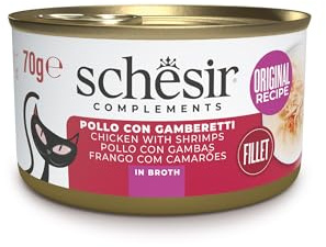 Schesir, Filetti di Pollo con Gamberetti in Brodo, Cibo Umido Complementare per Gatti, Ricetta Originale, 100% Naturale, 12 lattine da 70g
