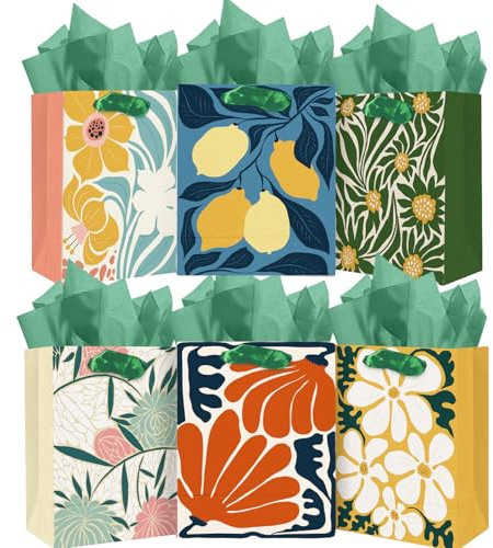 Gcardist Mittlere Geschenktüten aus Papier mit Griffen aus Seidenpapier 6 Stück Clash Flowers Geschenktüten für Frauen, Mütter, Großmütter, Partyzubehör (6 Stück Tüten + Seidenpapier)