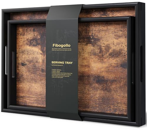 Fibogollo Set of 2 Wooden Serving Tray with Handles,Decorative Trays Platter,Breakfast Tray in Bed,Large Coffee Table Tray，Food Drinks Trays for eating,Working,Storing
