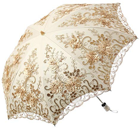 LCY Ladies Embroidered Lace Double-deck Anti-UV Parasol Umbrella Sun/Rain/Snow Folding Umbrella-Yellow