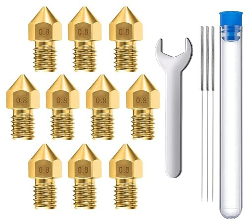 MMOBIEL 10 pièces MK8 en Laiton de 0,8 mm pour imprimante 3D, extrudeuse Compatible avec Les séries Creality Ender 3, Ender 5, CR-10/10S, Makerbot, Anet A8, incluant 3 Aiguilles de Nettoyage et Clé