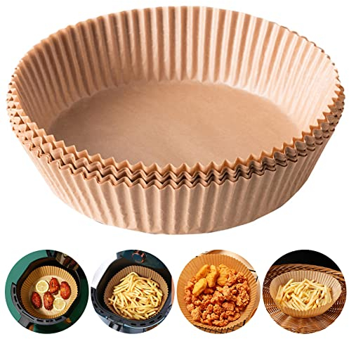 100PZ Carta Pergamena Fodera per Friggitrice ad Aria, Fodera di Carta usa e Getta per Friggitrice ad aria,Carta da Forno per Padelle, Forno e Friggitrice ad Aria Calda (Marrone 100PZ)