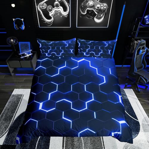 Homewish Honeycomb Comforter Cover Neon Light Geometric Bedding Set Single For Kids Boys Teens, Hexagonal Duvet Cover Soft Microfiber Quilt Cover Zipper 1 Pillow Case Blue Black Room Decor