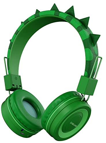 Simjar Kinder Bluetooth Kopfhörer mit Mikrofon für Schule, Dinosaurier Over-Ear Kinder Wireless Kopfhörer mit Lautstärkeregler 94 dB, Faltbares verstellbares Kopfband für iPad/Flugzeug/Reisen