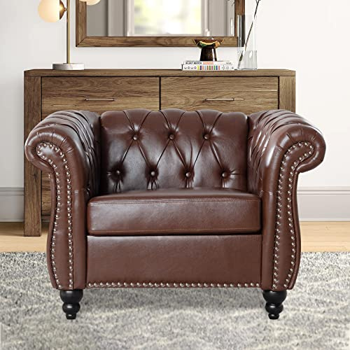 Brown Chesterfield Accent Chair Faux Leather Upholstered Tufted Wingback Club Chair, Mid-Century Modern Living Room Chair with Sturdy Wood Frame, Comfy Oversized Armchair for Bedroom Office