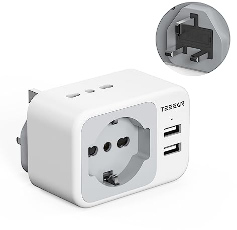 TESSAN Adattatore Presa Inglese con USB C e USB A, 5 in 1 Adattatori Prese Inglesi, Adattatore UK 3250 W, Presa Inglese per Regno Unito, Irlanda, Scozia, Singapore, Tipo G