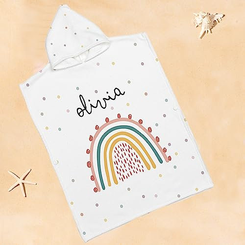 Wanapix | Poncho de baño personalizado para niños con nombre | bebé niña niño | toalla con capucha | ponchos de surf | toallas piscina | S (92 a 110 cm) | arco iris