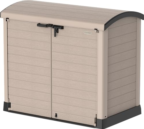 Duramax Cedargrain StoreAway 1200L Kunststoff Garten Lagerschuppen/Bogendeckel Outdoor Lagerung Mülltonnenbox Robuste Konstruktion - Ideal für Werkzeug, Fahrräder, Grills & 2X 240L Mülleimer,