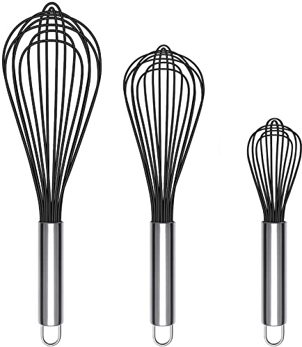 TEEVEA Silicone Whisk,Non Stick Kitchen Whisks for Cooking,Stainless Steel Metal Wire Silicone Rubber Coated Wisk,Heat Resistant & Non Scratch,Perfect for Eggs,Bread Wisking Tool Set of 3,Black