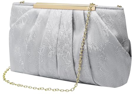 ZOUIQSS Spitze Abendtasche Damen Clutch Elegant Brauttasche aus Plissierter Satin mit Kette Handtasche für Hochzeit Abschlussball Party(Spitze Silber)