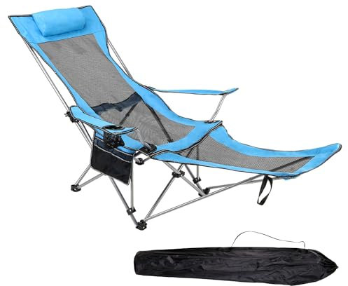 Livhome Blue Camping Recliner Chair with Adjustable Headrest & Footrest, Foldable, Portable, Cupholder, Pocket, for Outdoor, Beach, Garden, Patio Garden
