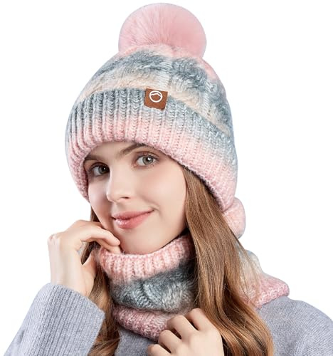 WANYIG Bonnet d'hiver pour femme - Ensemble bonnet d'hiver chaud en tricot avec écharpe - Bonnet d'automne et écharpe avec pompon - Doublure intérieure en polaire douce, Rose, 53-58CM