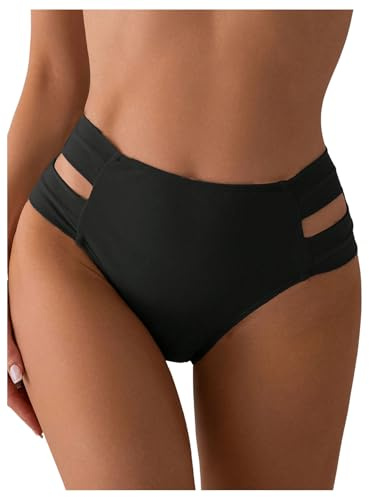 GORGLITTER Women's High Waisted Bikini Bottom Black Tummy Control Hipster Cut Out Swimwear Bottom Black M