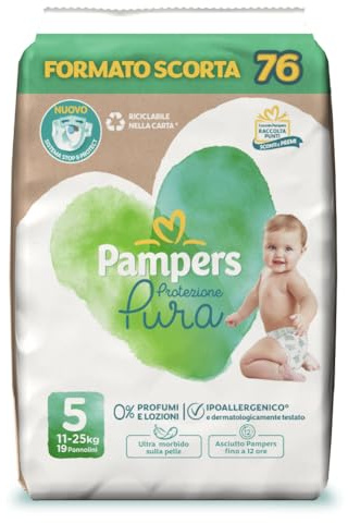 Pampers Protezione Pura, 76 Pannolini Ipoallergenici con 0% Profumo e lozioni, Taglia 5 11-25 Kg, Taglia 5 - Nuova versione