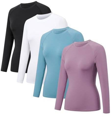 HYCOPROT 4 Pack Maglietta Compressione Donna Manica Lunga Top di Allenamento Asciugatura Rapida Base Layer Atletica Traspirante T-Shirt Casual Moda Basic Magliette Abbigliamento Palestra Yoga Corsa