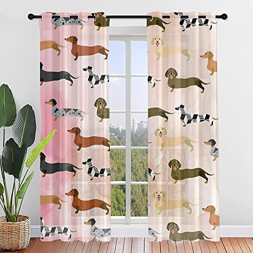 Fansu 2 Piezas Cortinas Dormitorio, Impresión Teckel Cortinas Salon Modernas Translucidas Cortina Cortina de Gasa para Habitación Infantil, Salón (Rosa Café,80x115cm)