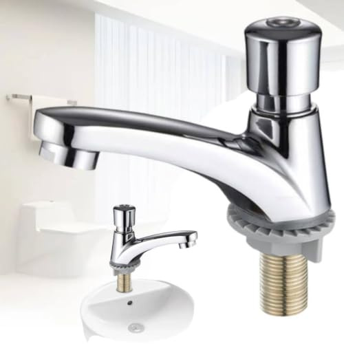 MoSundi Robinet de lavabo chromé à fermeture automatique - Contrôle de l'eau froide - Bouton poussoir - Avec interface G1/2