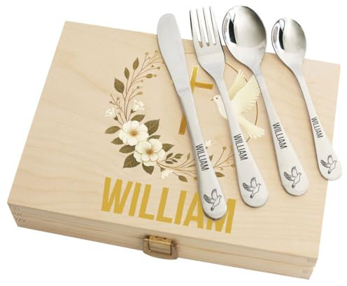 Couverts enfant personnalisés avec coffret imprimé - Motif Colombes - Cadeau de baptême