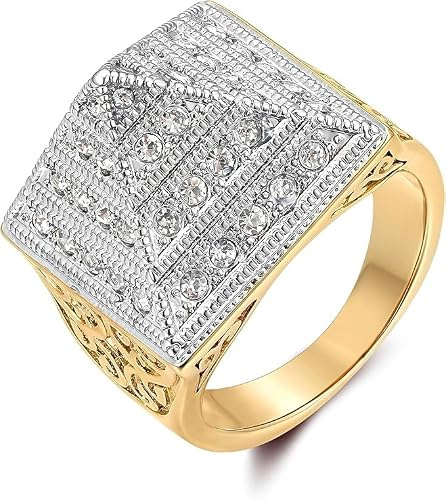 Gold Two-Tone CZ Pyramid Ring, Size (T), 15g, Gold Plated - Bling King London