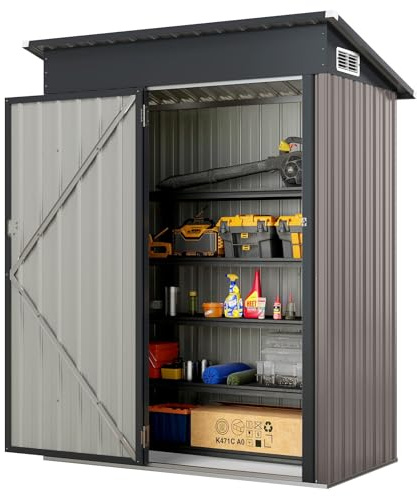 RELAX4LIFE Abri de Jardin en Acier Galvanisé 150x88x185cm, Cabane de Rangement avec Porte Toit Incliné Structure Résistante 2 Paires de Gants, Abri pour Outils pour Poubelles Extérieur (Gris Clair)