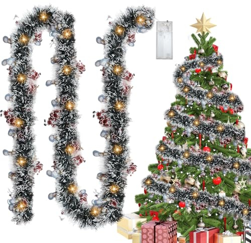 Ghirlanda Natalizia Lametta 500 cm, Ghirlande Natalizie, Decorazione Natalizia per Albero di Natale, Ghirlanda Natalizia per Porta, Decorazione Natalizia con Luce Calda per Albero di Natale