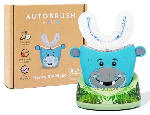 autobrush Kids Electric Toothbrush – Only ADA Accepted U-Shaped Toothbrush, Clinically Proven Up to 5.1X Better Cleaning, 30 Seconds, Full-Mouth 360 Coverage, LED Lights, Music, Ages 6-8, Hippo