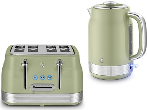 Swan Retro Revive Green 1.7L 3KW Jug Kettle & 4 Slice Toaster. Matching Retro Design Kettle & Toaster Set in Green with Chrome Accents