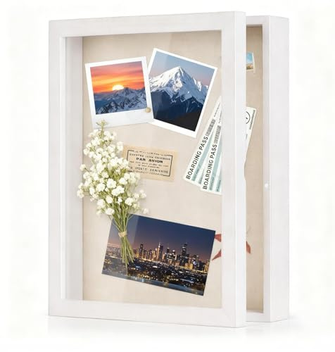 Love-KANKEI White 28x36x7cm Shadow Box Frame, Memory Box | 11x14x3in polished glass cover shadow box frame, linen back for pins, perfect for medals, memorabilia, photos, and bouquets