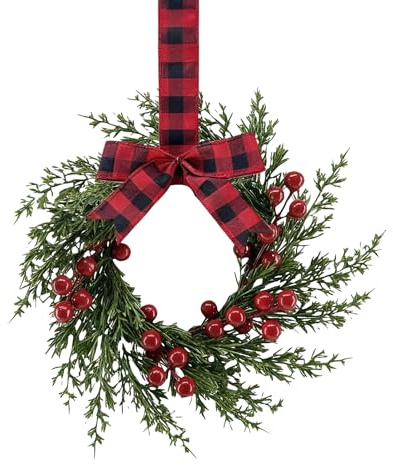 Corona de Navidad, 26 cm, decoración navideña, corona de puerta, corona de bayas con lazo de ratán natural y PP, negro y rojo, para pared, ventana, chimeneas, fiestas, bodas