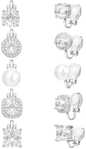 5 paires de boucles d'oreilles à clip pour oreilles non percées pour femmes, ensemble de boucles d'oreilles en argent avec CZ et perles scintillantes, confortables pour mariage, fête, danse, tenue de