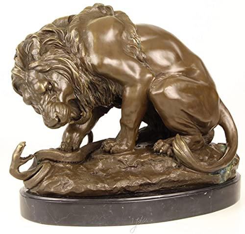 Lyxig bronsskulptur Lejon med orm på marmorbas Brons/Guld/Svart 41 x H. 35 cm - Lyxig bronsfigur