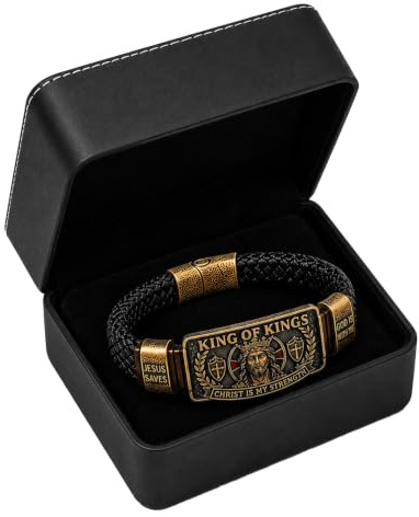 King of Kings Faith Bracelet Adjustable Christian Wristband Gift, Christian Leather Bracelet with Jesus, for Men of Faith, Religious Gift for Men, Dad, Husband, Pastor, Dad (Black)