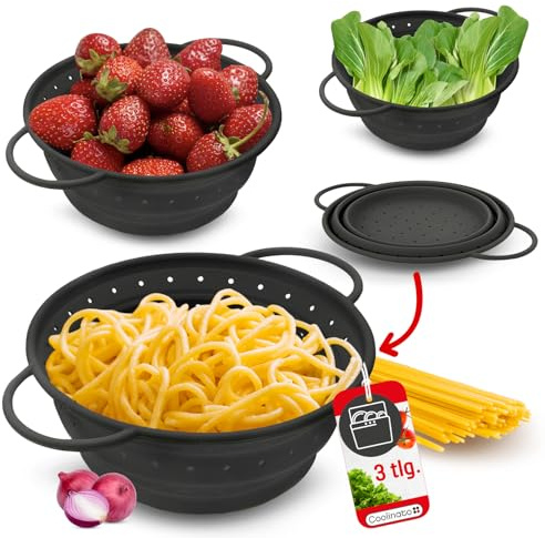 Coolinato – Set di 3 colini silicone pieghevoli 16/20 / 24 cm grigio – Scolapasta da cucina lavabile in lavastoviglie, privo di BPA e resistente al calore - Setaccio salvaspazio richiudibile