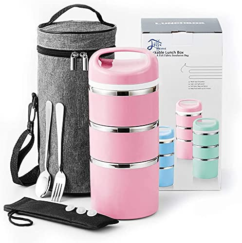 Lille Home 1380ml Stackable Stainless Steel Thermal Compartment Lunch Box, 3-Tier Insulated Bento/Food Container with Upgraded Lunch Bag and Silicone Seals