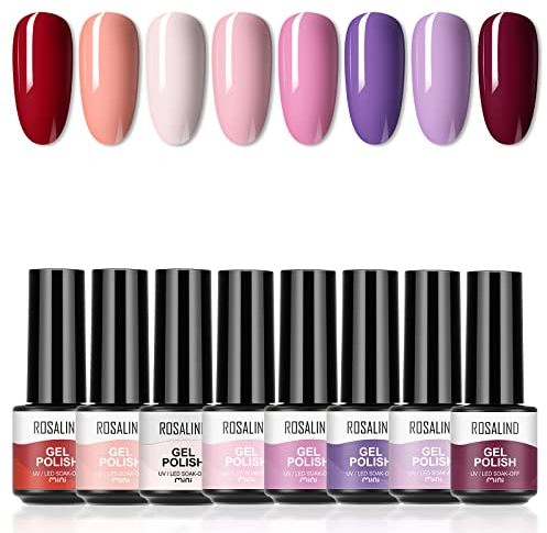 ROSALIND Esmalte Semipermanente de Uñas en Gel, 8 pcs de Pintauñas Semipermanentes Rojo Púrpura Rosa Mini, UV LED Esmalte de uñas en Gel Set