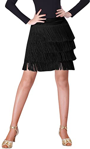 SEAUR Latein Tanzrock Damen Bauchtanz Hüfttuch Fransen Rock Ballsaal Rumba Cha Cha Samba Tanzkleid Schwarz - XXL