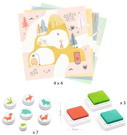 DJECO Coffret de Tampons En Visite, Animaux de la Forêt - Jeu Créatif pour Enfant, 3 à 6 ans - Stimule la créativité - 16 Cartes à Illustrer, 3 Encreurs à Encre Lavable et 7 Tampons Faciles à Saisir