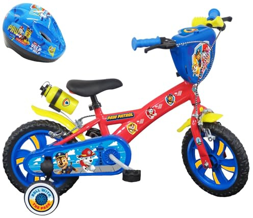 Vélo 12'' Pat Patrouille équipé de 2 Freins, Plaque Avant décorative, Garde boues, Carter et stabilisateurs + Casque Pat' Patrouille Inclus !, Rouge identique aux Photos